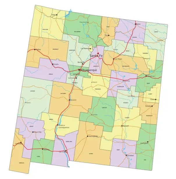 Vector illustration of New Mexico - Highly detailed editable political map with labeling.