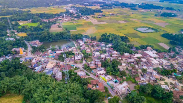 Aerial landscape view of a village in India, drone shot of Rural India