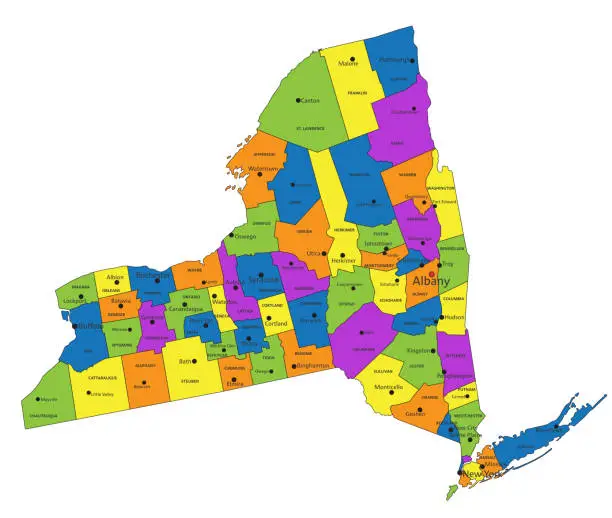 Vector illustration of Colorful New York political map with clearly labeled, separated layers. Vector illustration.