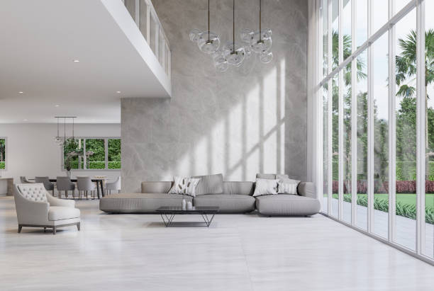 Modern style luxury white living room with garden view 3d render