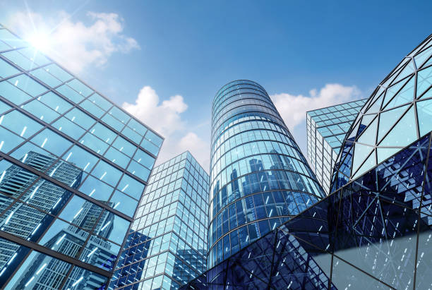 exterior del edificio de vidrio azul de estilo moderno con pared transparente render 3d - paisaje urbano fotografías e imágenes de stock