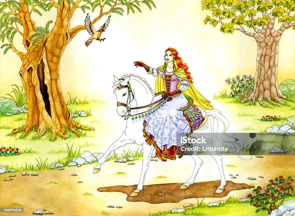 Elven Sorceress montar en un caballo blanco - Ilustración de stock de Disfraz libre de derechos