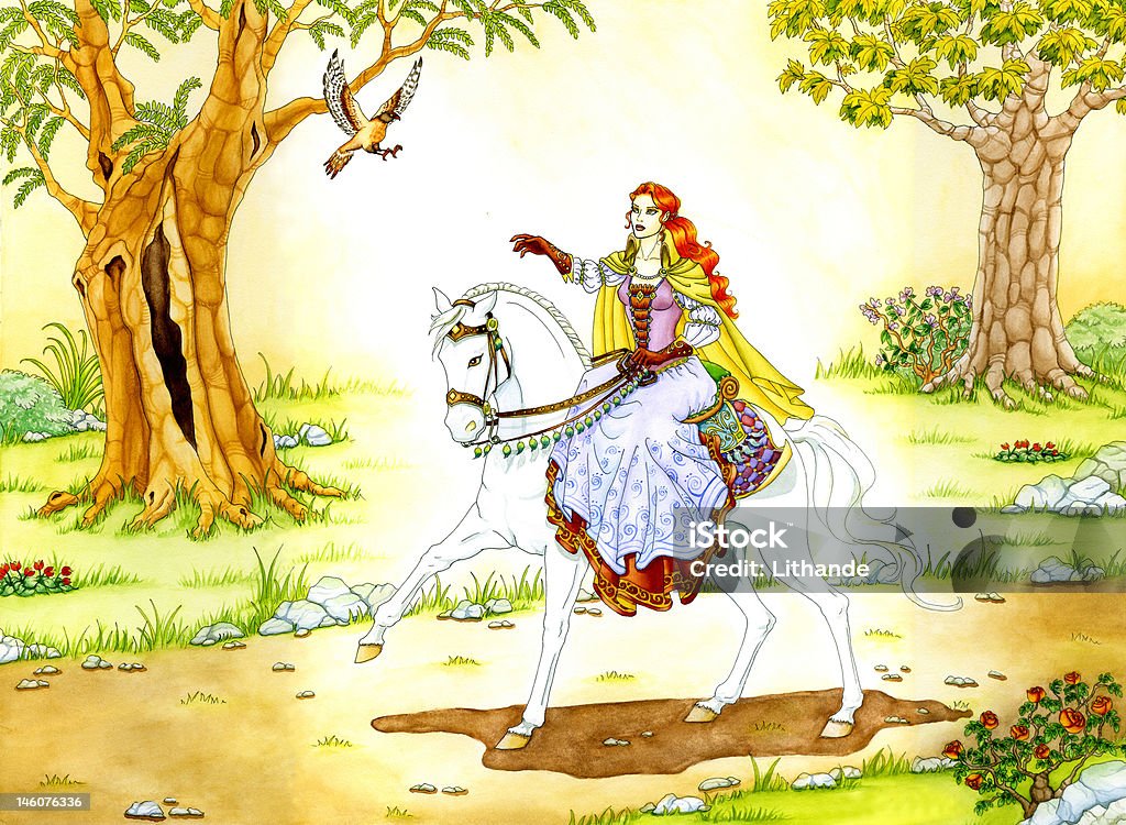 Elven Sorceress на Белой Лошади для верховой езды - Стоковые иллюстрации Акварельная живопись роялти-фри
