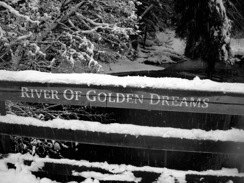 River of golden dreams bridge after a snow storm
