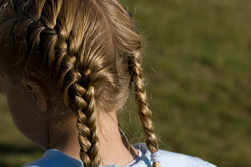 A little girl with french braided hair.