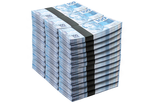 one million reais, one million cash, prize money, brazil lottery, big luck or prize money concept, bundles of 100 reais banknotes, one hundred brazil reais on isolated white background, with coyspace