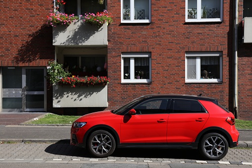 Audi A1 small city car parked in Germany. There were 45.8 million cars registered in Germany (as of 2017).
