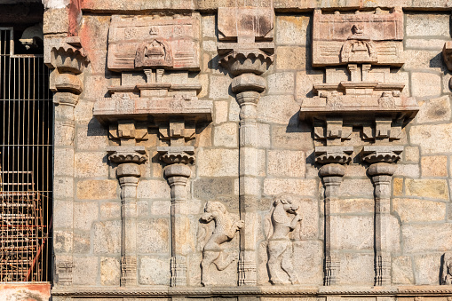 Beautiful carvings of lions on the walls of an ancient Hindu temple near Kumbakonam in Tamil Nadu.