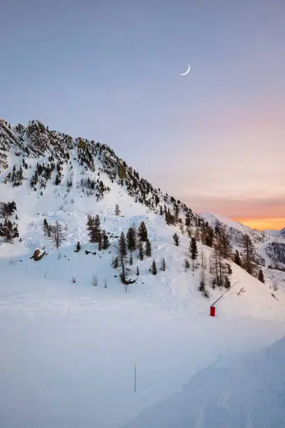 Landscape image of the ski resort of Isla 2000 in the French alps. This wintersport area falls under the Alpes Côte d'Azur region under the city of Nice.