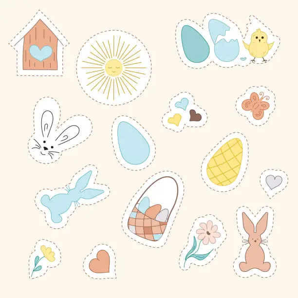 Vector illustration of Stickers Easter. Vector rabbit, bunny, egg, basket, flower, birdhouse, chick, sun, heart, butterfly.