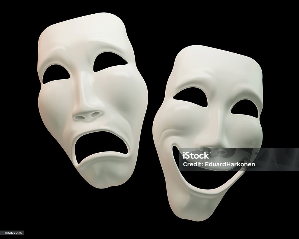 Drama and comedy-theatre symbols Theatre masks on black background with clipping paths Mask - Disguise Stock Photo