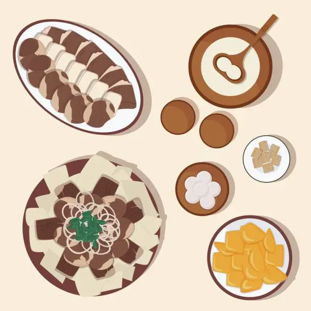 Vector illustration of Vector set of national kazakh cuisine, dishes. Beshbarmak, baursak and qurt, kumis and irimshik.
