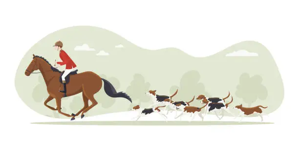 Vector illustration of Horse hunting with dogs over cross country, vector illustration