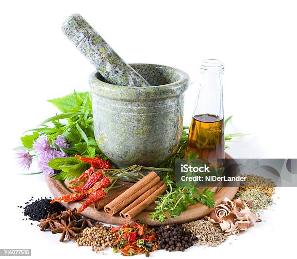 Herbs And Spices Stock Photo - Download Image Now - Cooking Oil, Mortar and Pestle, Bouquet
