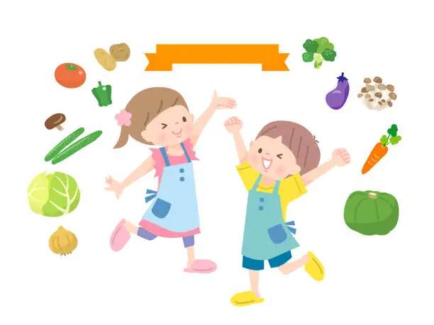 Vector illustration of Image illustration of children cooking and ingredients