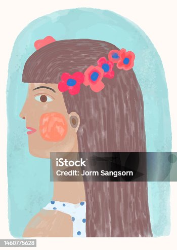 istock Portrait of a woman with flowers, watercolor painting illustration, vector, artwork, imagination art of child 1460775628