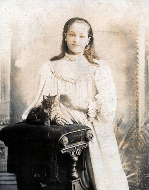 Victorian portrait - young girl with a cat stock photo