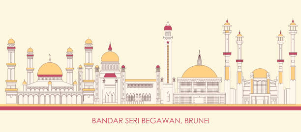 ilustraciones, imágenes clip art, dibujos animados e iconos de stock de panorama del horizonte de dibujos animados de la ciudad de bandar seri begawan, brunei - bandar seri begawan