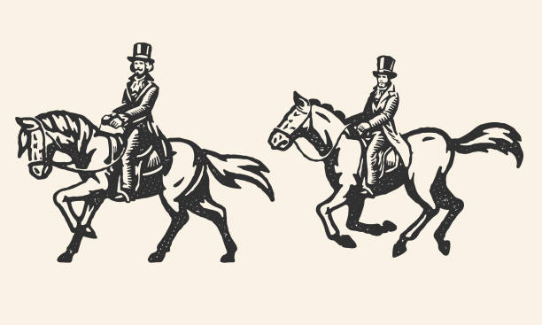 illustrazioni stock, clip art, cartoni animati e icone di tendenza di insieme vettoriale vecchio stile di stampa dei signori che cavalcano il cavallo - giacca da smoking