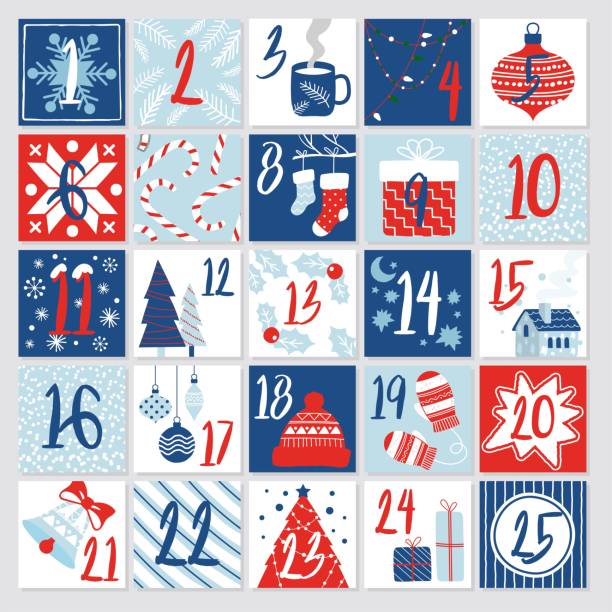 zestaw kalendarza adwentowego - gift blue christmas religious celebration stock illustrations