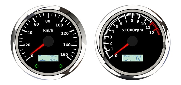 Motorcycle speedometer in kilometer per hour unit, realistic vector illustration