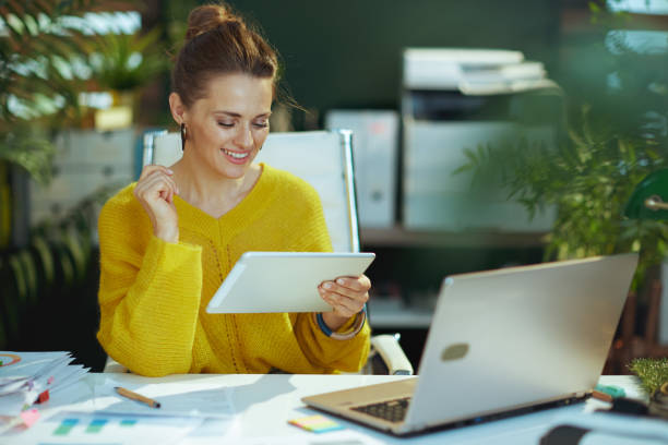 sorrindo empresário mulher em suéter em escritório verde - tax tax form finance small business - fotografias e filmes do acervo