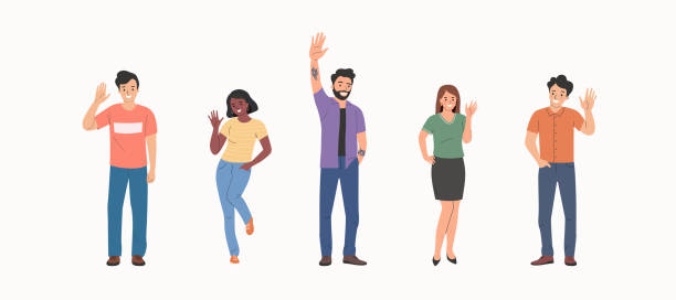Different young women and men waives hands in hello gesture while smiling cheerfully. People stand full body Different young women and men waives hands in hello gesture while smiling cheerfully. People stand full body. Flat style cartoon vector illustration. woman tattoos stock illustrations