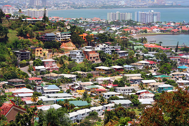 Birds eye landscape view of port of Spain Hillside view of tropical city Port of Spain, Trinidad. port of spain stock pictures, royalty-free photos & images