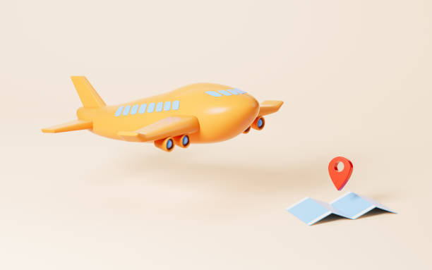 istock Cartoon airplane and location in the yellow background, 3d rendering. 1460784146