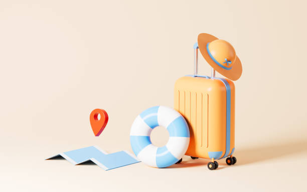 istock Luggage with hat and swim ring in the yellow background, 3d rendering. 1460784148