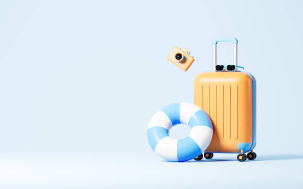 istock Luggage with swim ring and camera in the blue background, 3d rendering. 1460784220