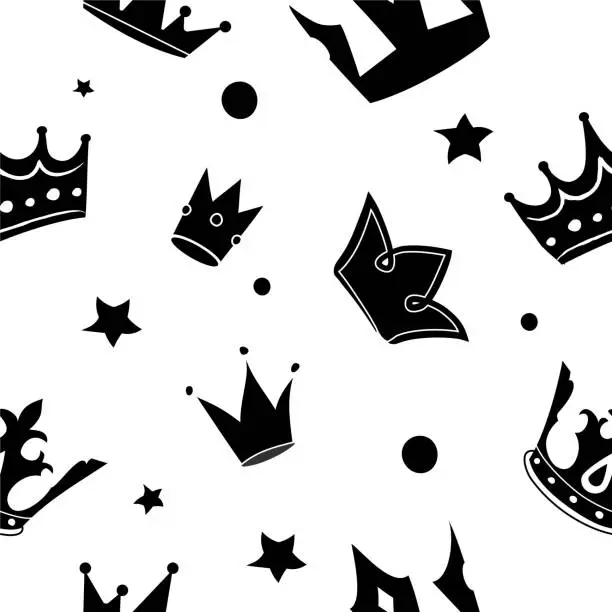 Vector illustration of Crown black and white seamless pattern