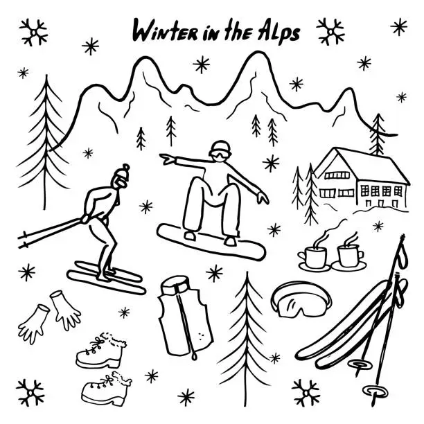 Vector illustration of Vector doodle Spending winter leisure time in Alps mountains