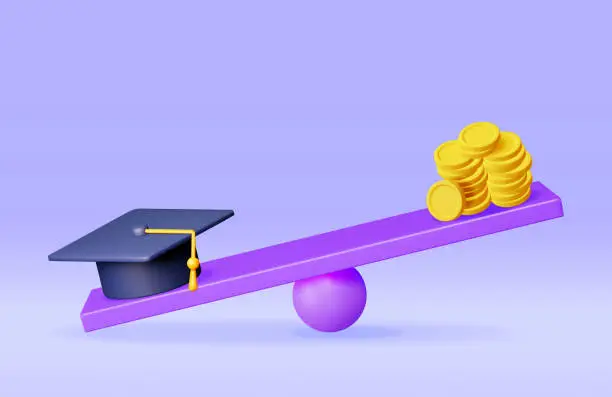 Vector illustration of 3D Graduation Cap and Golden Coins on Scales