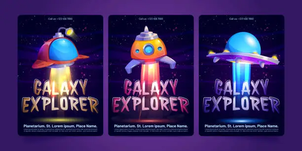 Vector illustration of Galaxy explorer posters with futuristic rockets