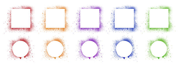 Spray paint frames, colour brush graffiti borders Spray paint frames, colour brush stencil graffiti borders square and round shapes. Grunge airbrush texture, inky contour forms with red green blue splashes and yellow purple drips, isolated Vector set blue ink splatter stock illustrations