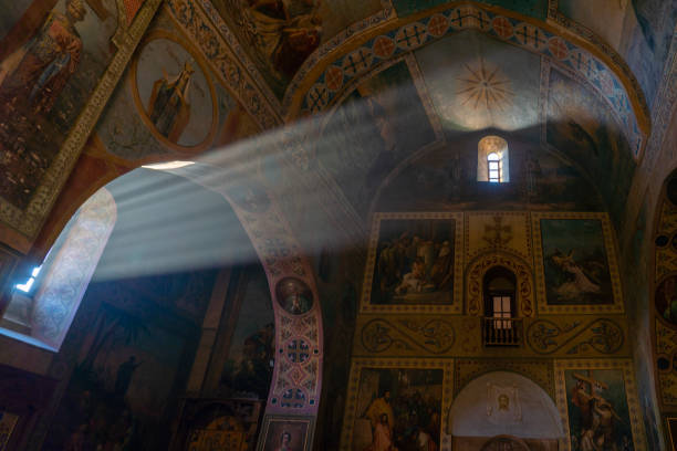 sunlight from window inside shio mgvime monastery. mtskheta, georgia - mtskheta imagens e fotografias de stock