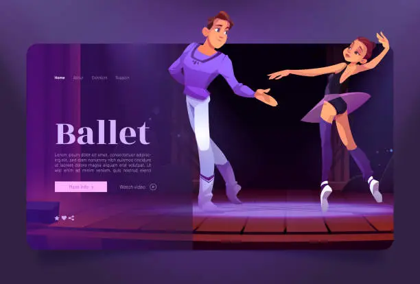 Vector illustration of Ballet cartoon landing page, ballerina and dancer