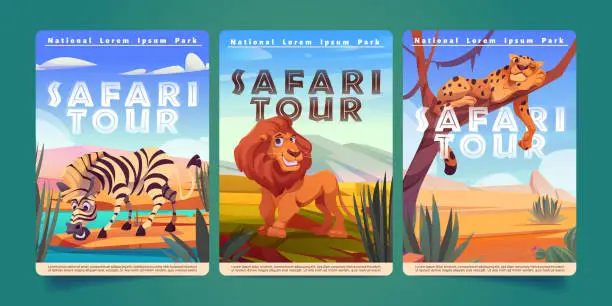 Vector illustration of Safari tour posters with zebra, lion and cheetah