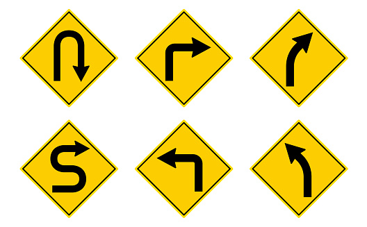 Road sign with arrow icon, right turn and left turn and return