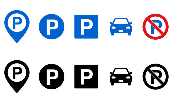 ilustraciones, imágenes clip art, dibujos animados e iconos de stock de señal de tráfico con aparcamiento e icono de coche - parking