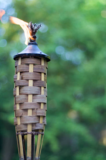Tiki Torch A burning Tiki Torch outdoors in front of green foliage. tiki torch stock pictures, royalty-free photos & images