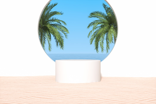 Summer podium showcase product presentation with beach background , 3d render.