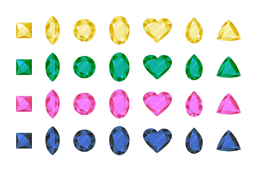 Gemstones, Jewelry. Vector rhinestones and diamonds, sapphire and amethyst, diamond and emerald, ruby gemstones