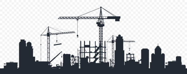 illustrations, cliparts, dessins animés et icônes de silhouette noire d’un chantier isolé sur fond transparent. grues de construction au-dessus des bâtiments. développement de la ville. horizon urbain. élément pour votre conception. illustration vectorielle. - construire