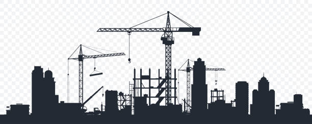 투명한 배경에 격리된 건설 현장의 검은색 실루엣. 건물 위의 건설 크레인. 도시 개발. 도시의 스카이라인. 디자인을 위한 요소입니다. 벡터 그림입니다. - silhouette crane construction construction site stock illustrations