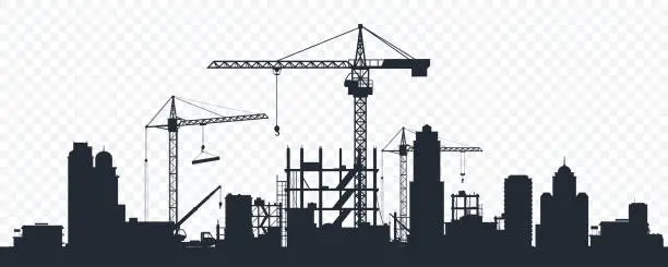 Vector illustration of Black silhouette of a construction site isolated on transparent background. Construction cranes over buildings. City development. Urban skyline. Element for your design. Vector illustration.