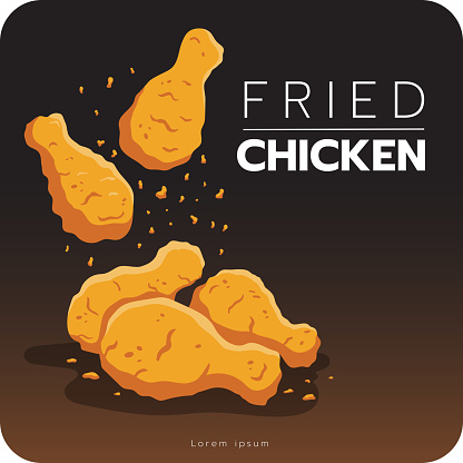 Fried chicken leg, vector illustration, isolated on black background.