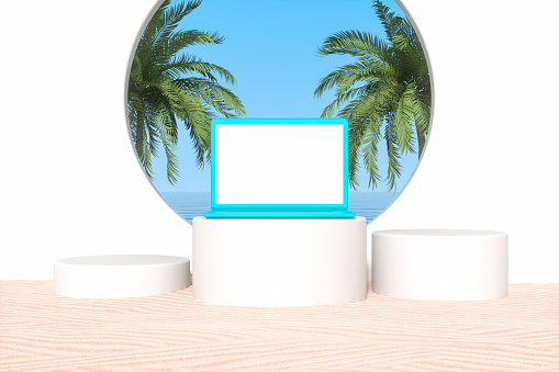 Blank screen laptop on beach background, summer holiday concept, 3d render.