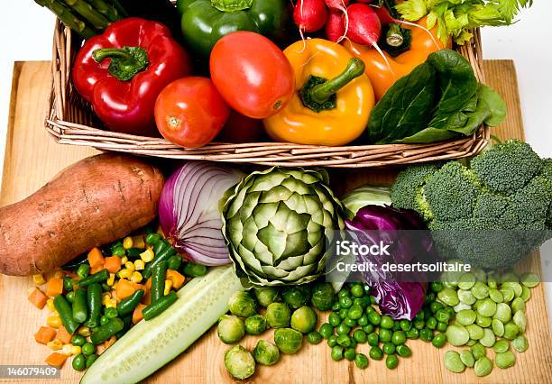 Vegetable Basket Stock Photo - Download Image Now - Artichoke, Basket, Bell Pepper